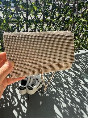 Gold Crystal-Embellished Evening Clutch with Chain Strap